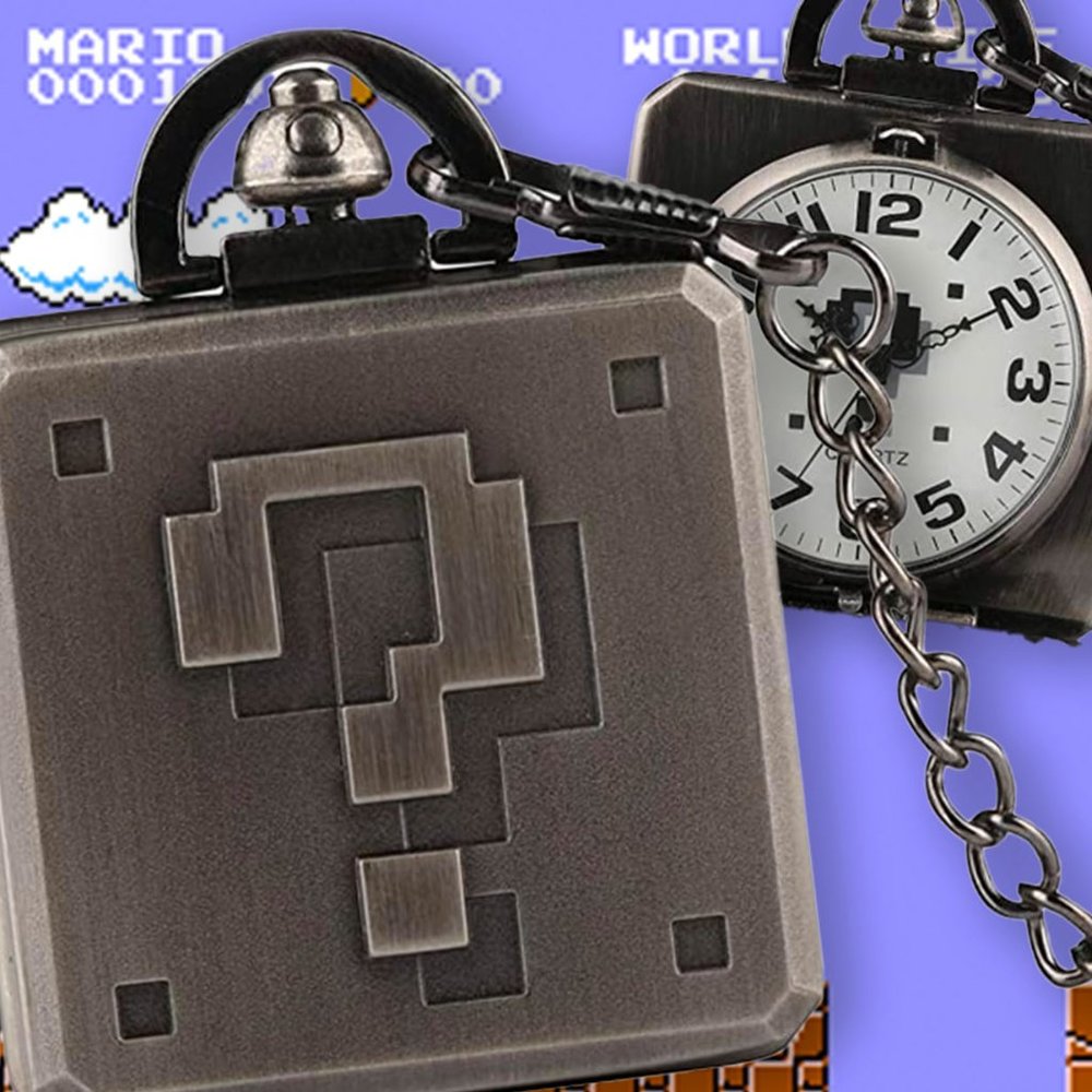 Mario Mystery Block Pocket Watch NEW Gift Nintendo Gamer Vintage Silver Classic